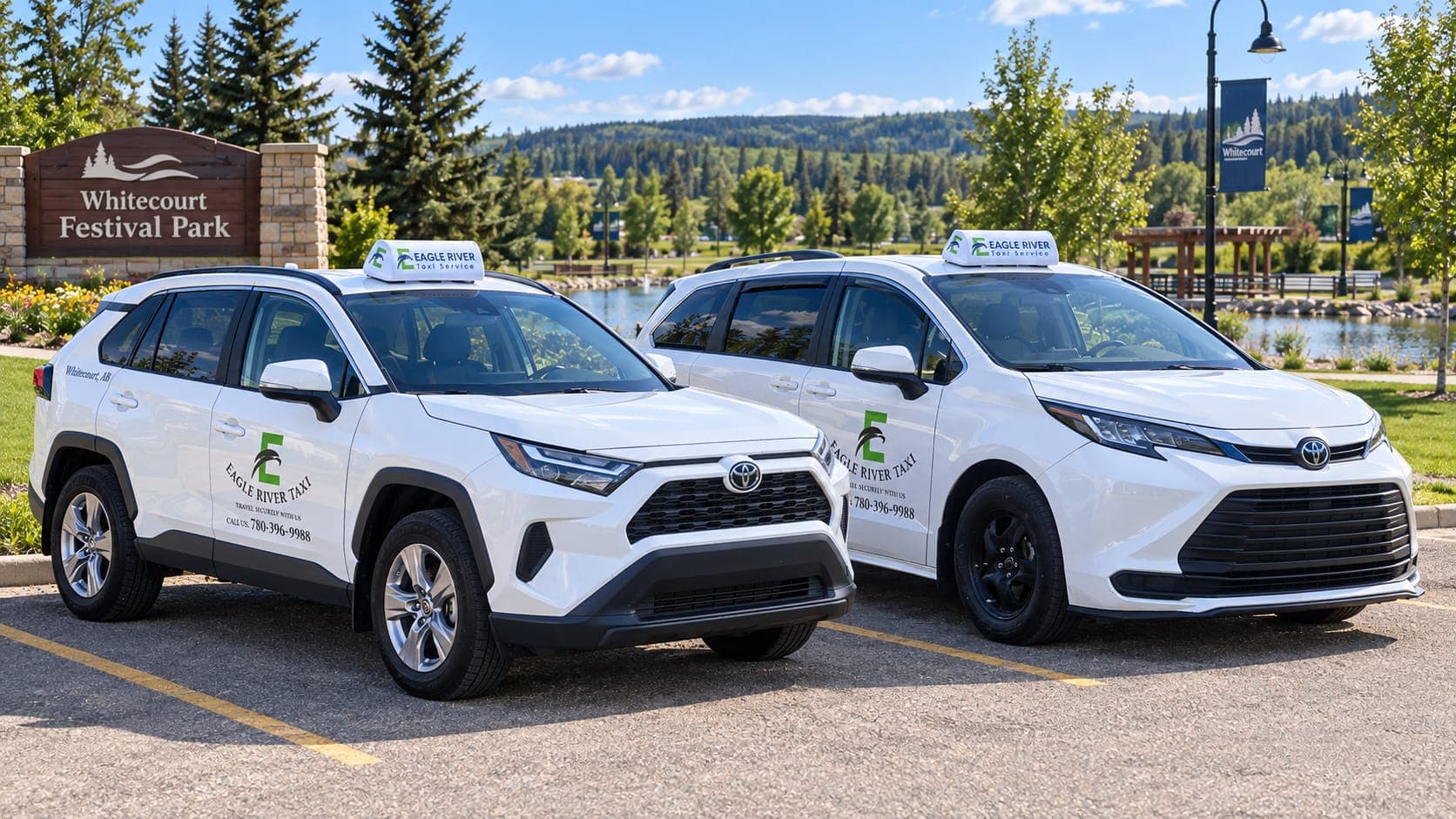 Two branded Eagle River Taxi vehicles at Whitecourt Festival Park.