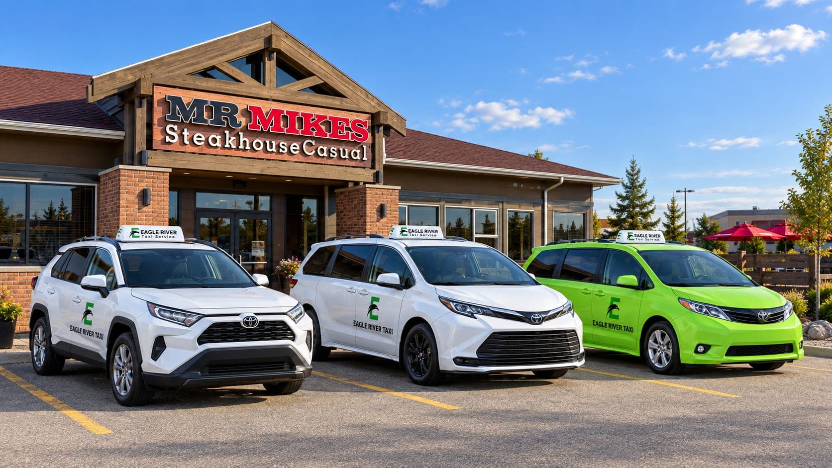 White and green Eagle River Taxi vehicles outside a restaurant.