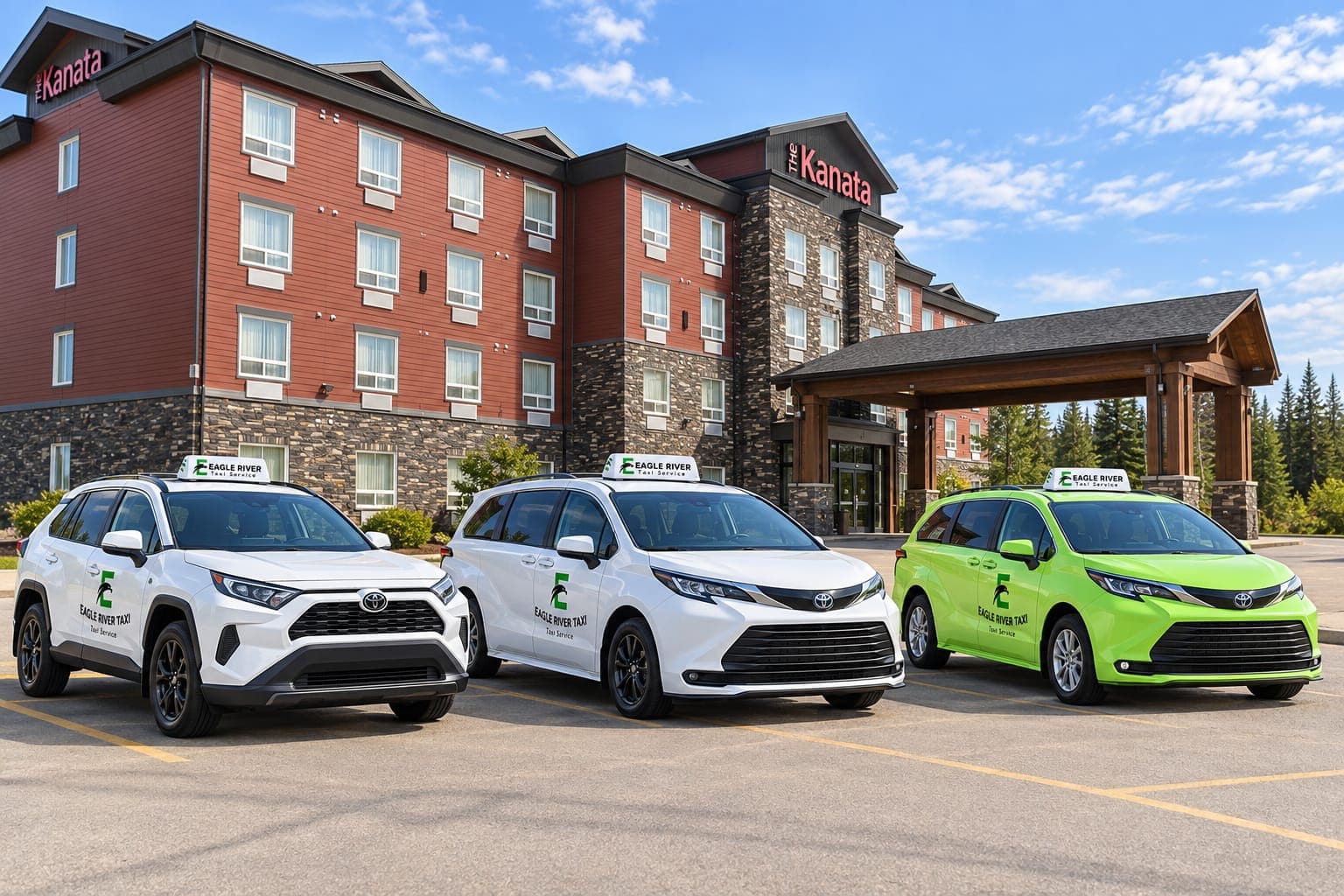 White and green Eagle River Taxi vehicles outside a hotel.