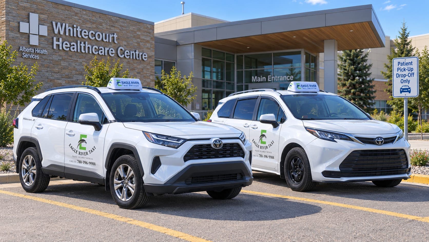 Two branded Eagle River Taxi vehicles outside Whitecourt Healthcare Centre.